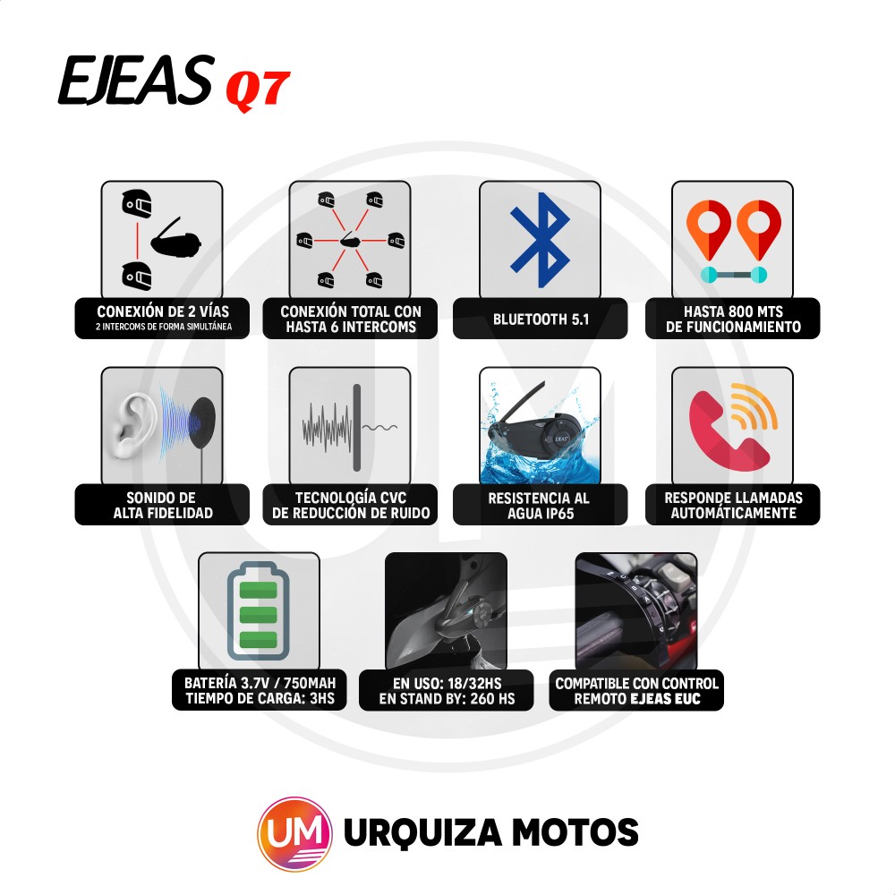 Intercomunicador Casco Moto Ejeas Q7 (2 En Simultáneo + 5)